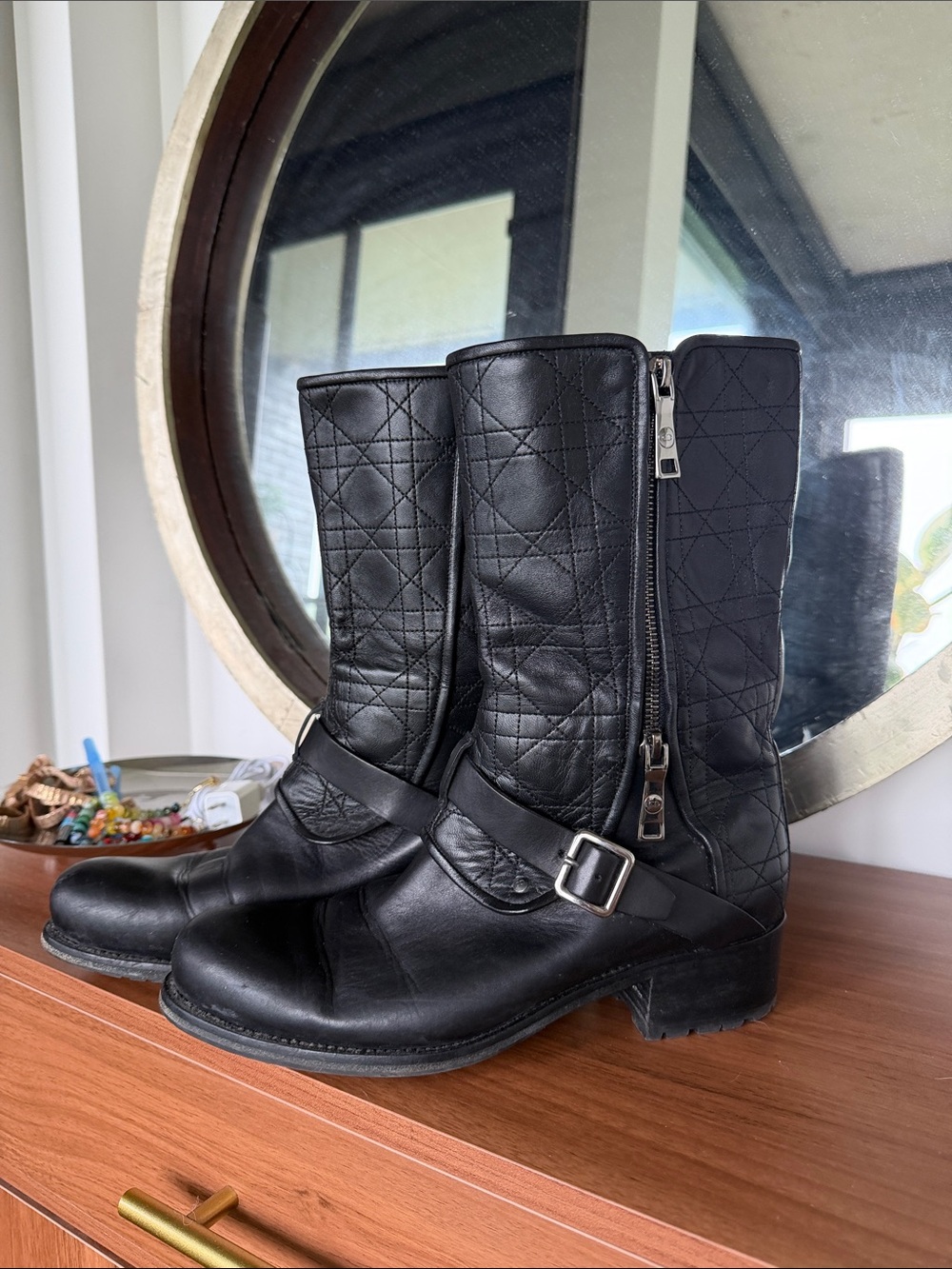 Christian Dior Women's Leather Black Quilted Biker Mid-Calf Boot with Buckle